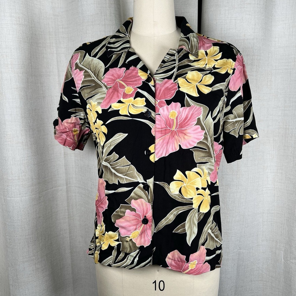 NEW! Vintage Analogy Hawaiian Tropical Shirt Women's Medium Black Floral Y2K